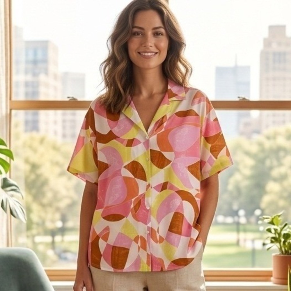 New Look Womens 2X Pink Orange Abstract Geometric Short Sleeve Button Up Retro